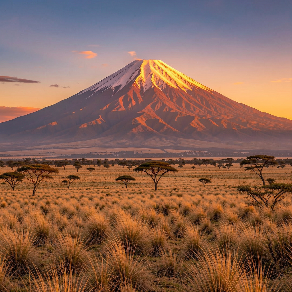 Mount Kilimanjaro snow-covered summit at sunrise with savanna landscape in foreground