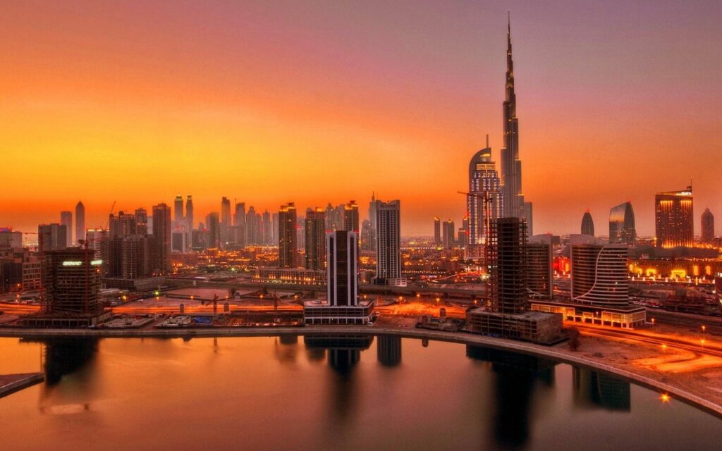 Dubai skyline at sunset featuring the Burj Khalifa and Downtown Dubai in 2026