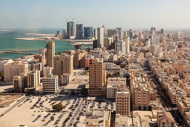 Aerial view of Manama skyline, Bahrain at sunset